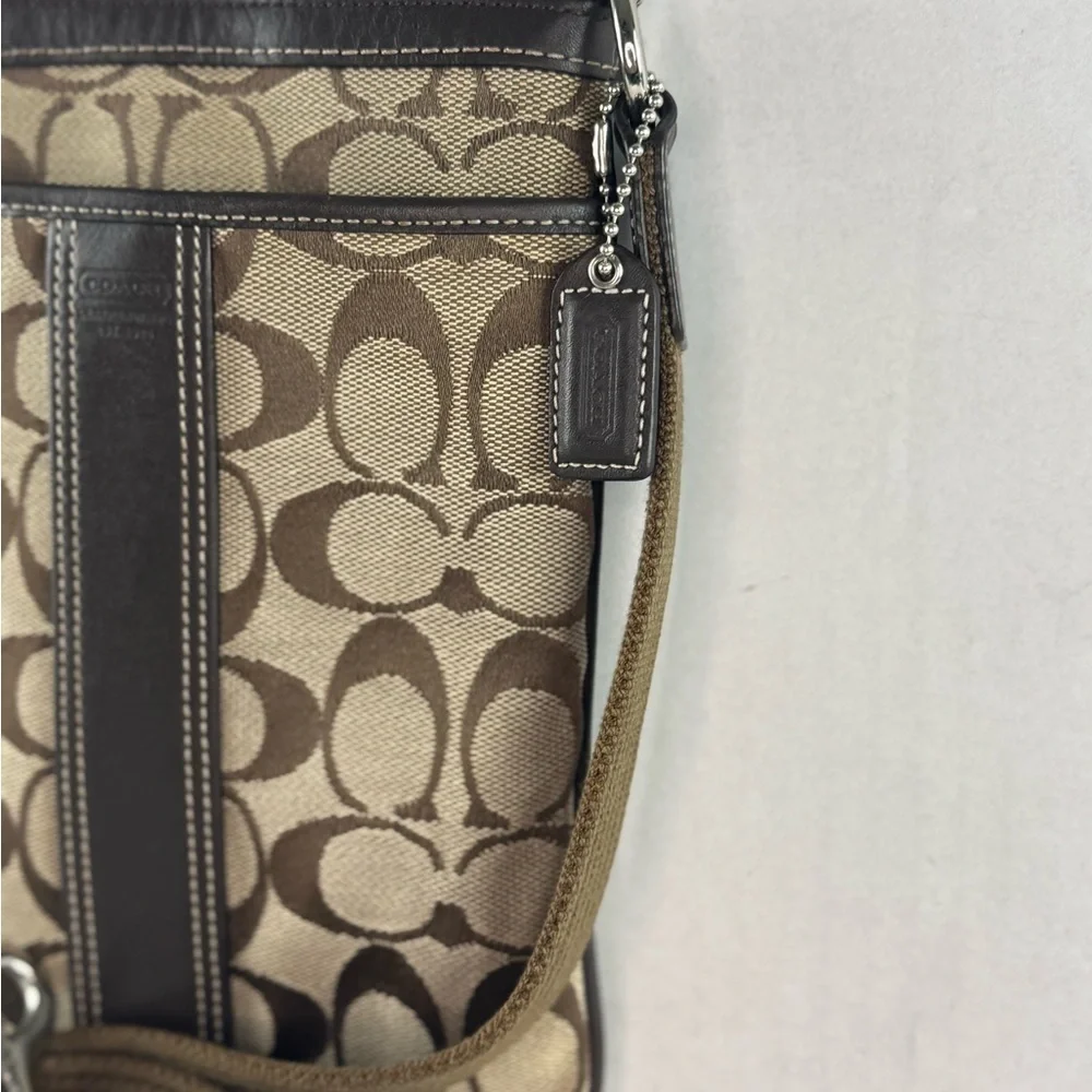 Coach Vintage Small Crossbody Bag Tan Logo Printed Canvas Brown Leather Accents.